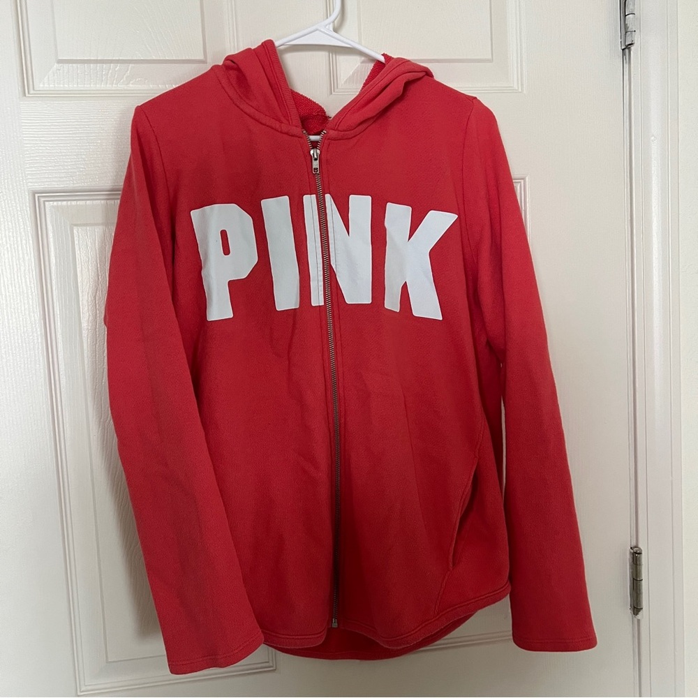 PINK Victoria's Secret Red Full-Zip Hooded Jacket with White Logo